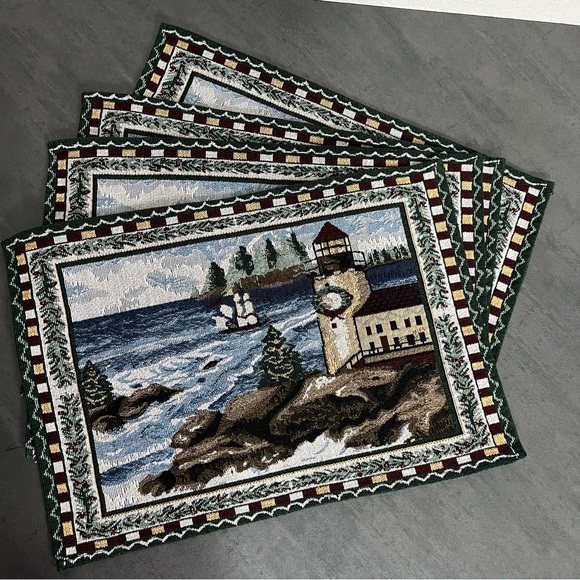Holiday Christmas Tapestry Placemats Lighthouse Winter Sea Scene 17x12 Set‎ of 4 - Picture 1 of 7
